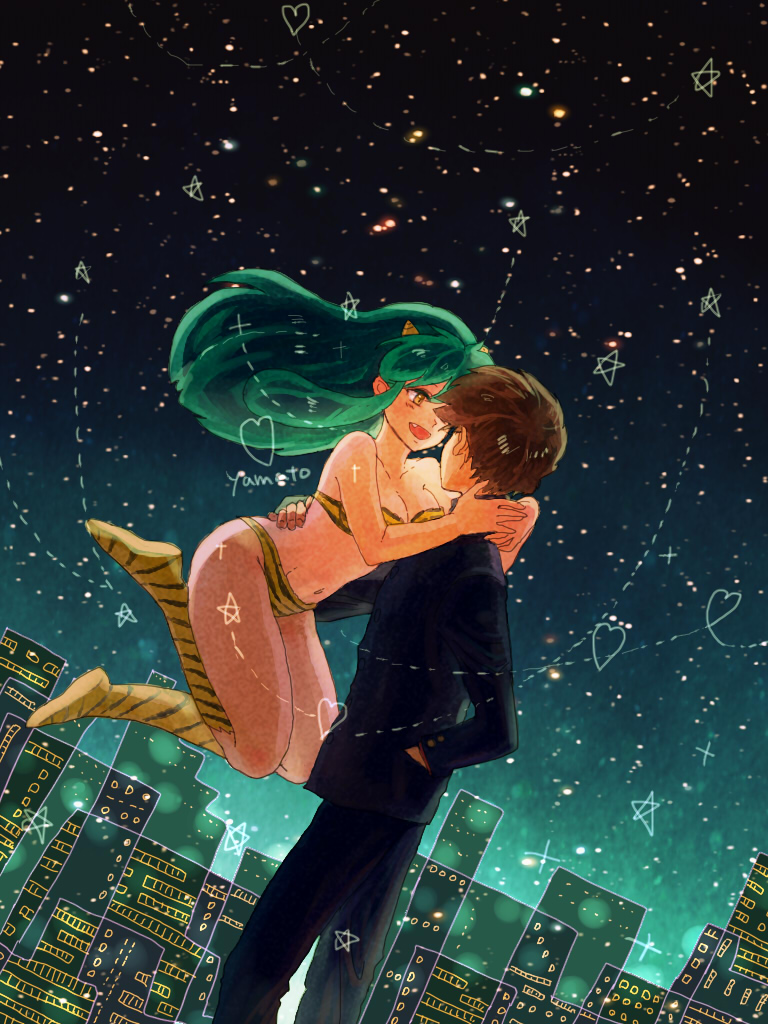 1boy, 1girl, bikini, city_lights, fang, green_hair, horns, lum