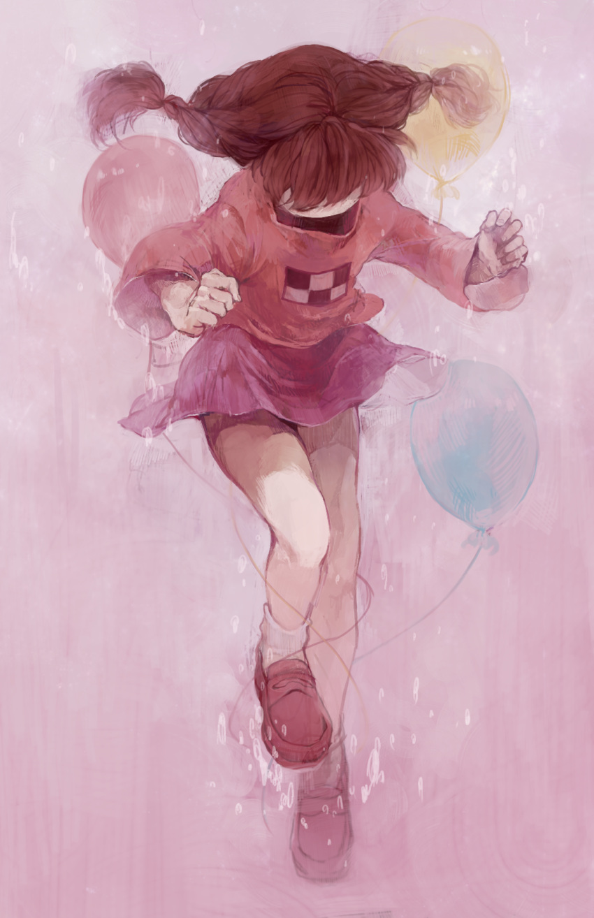 1girl, balloon, brown_hair, highres, madotsuki, met-tha, skipping, skirt