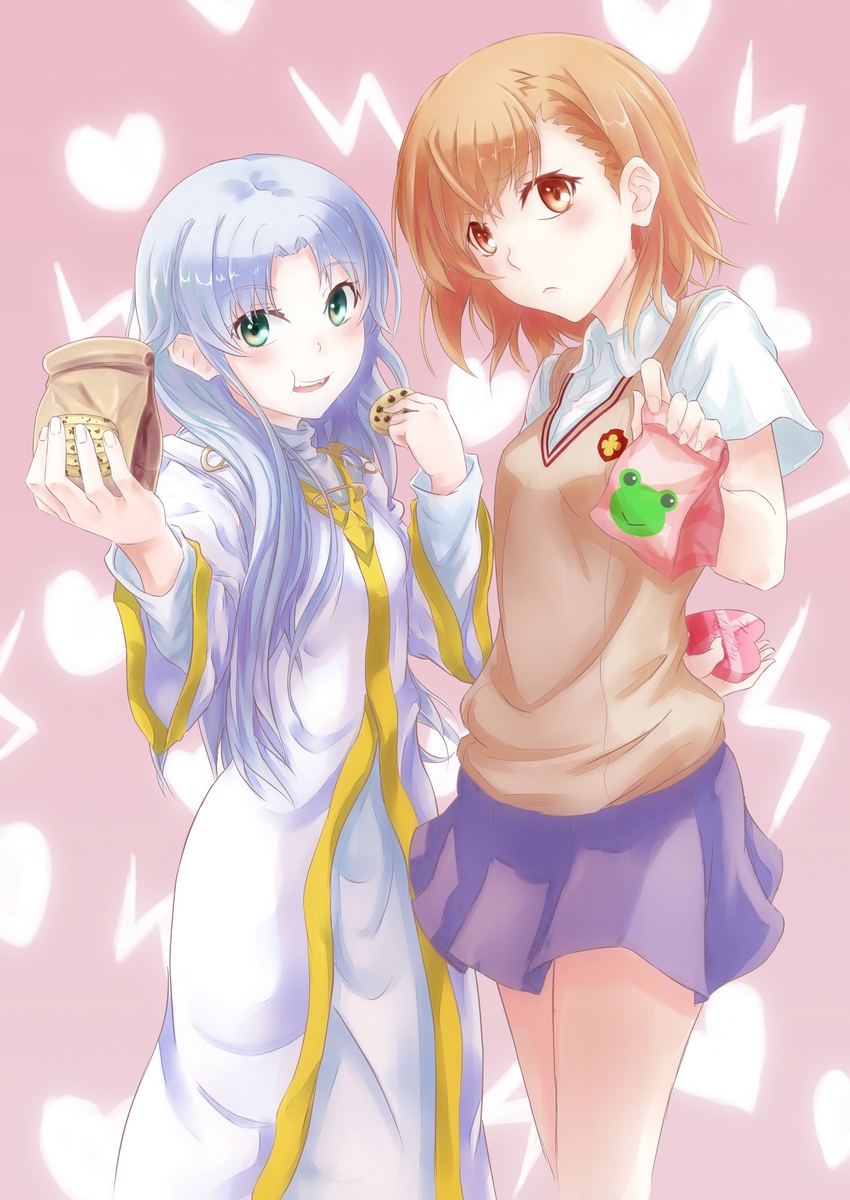 2girls, azalea_(thenewhorde), bag, blue_hair, brown_eyes, brown_hair, cookie, food