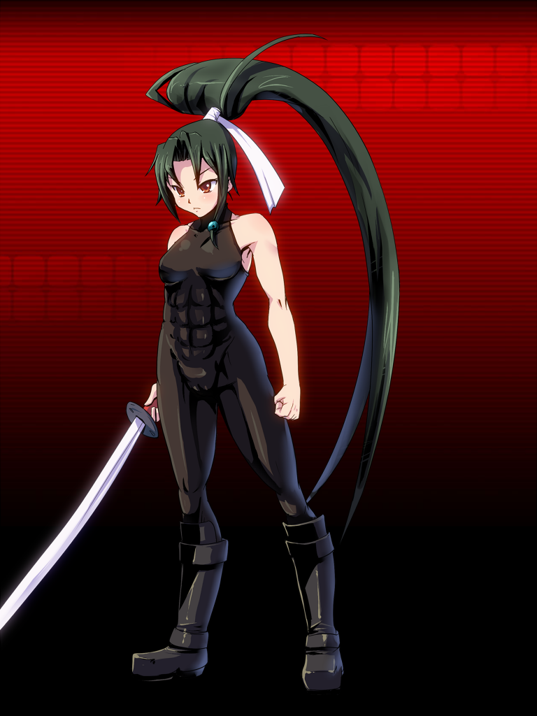 1girl, abs, arcana_heart, bodysuit, boots, brown_eyes, clenched_hands, green_hair