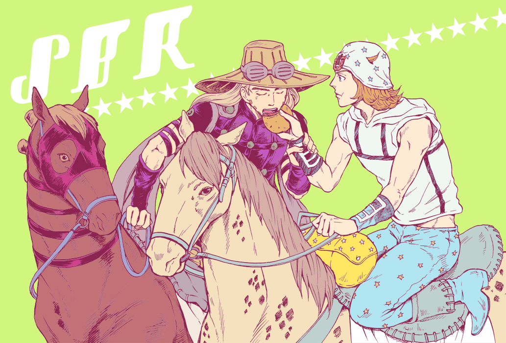 2boys, blonde_hair, eastern-specs, eating, feeding, gyro_zeppeli, hat, horse