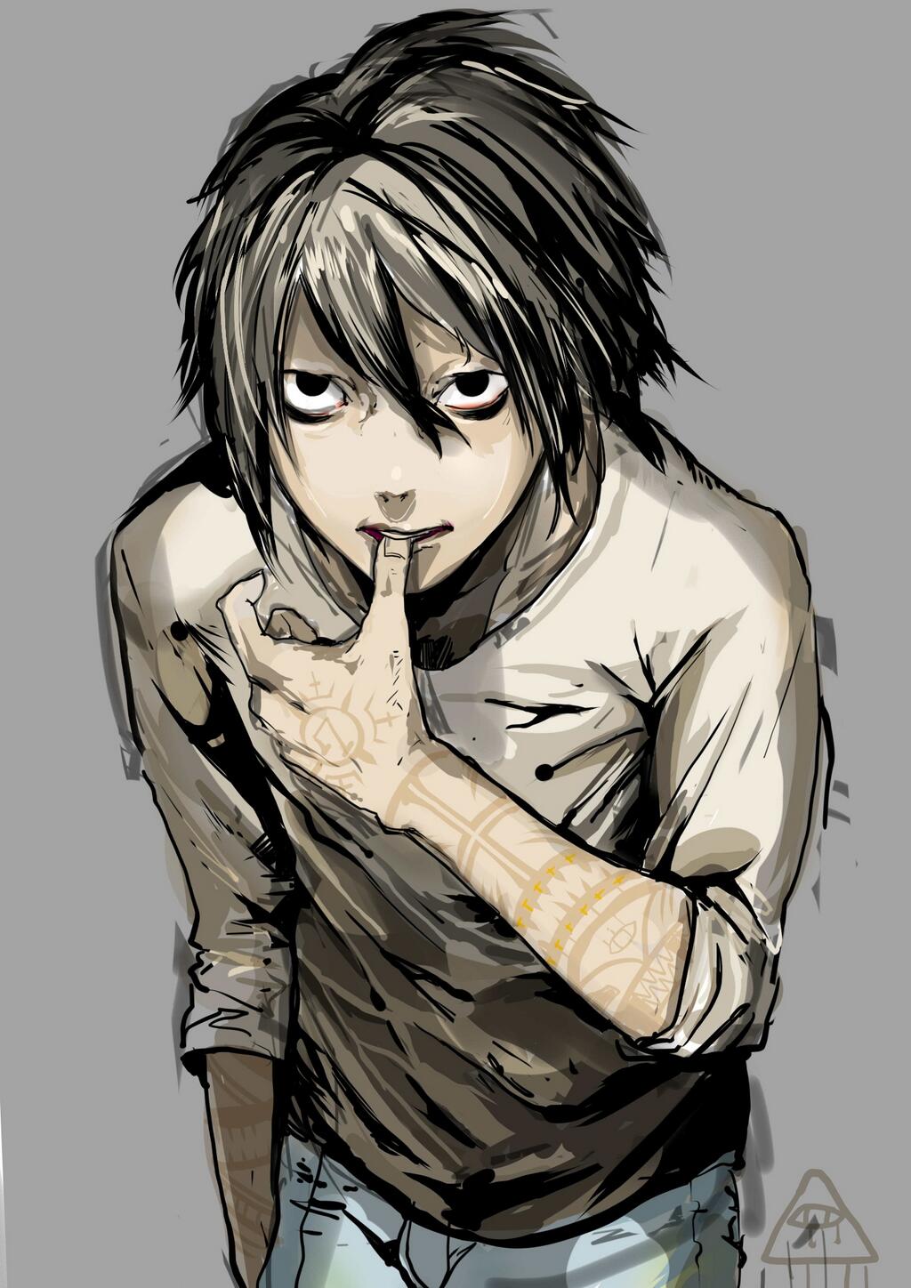 1boy, bags_under_eyes, biting, black_hair, death_note, highres, hiranko, l