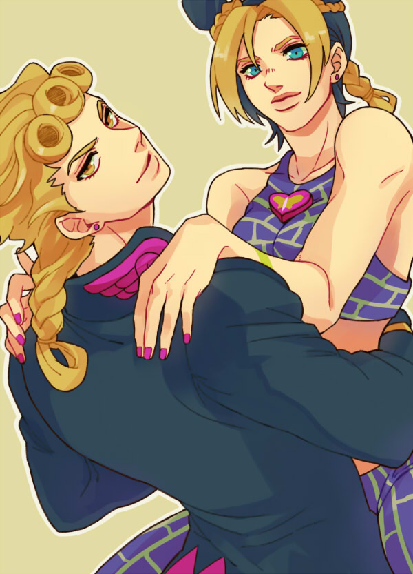 1boy, 1girl, black_hair, blonde_hair, blue_eyes, double_bun, giorno_giovanna, jojo_no_kimyou_na_bouken