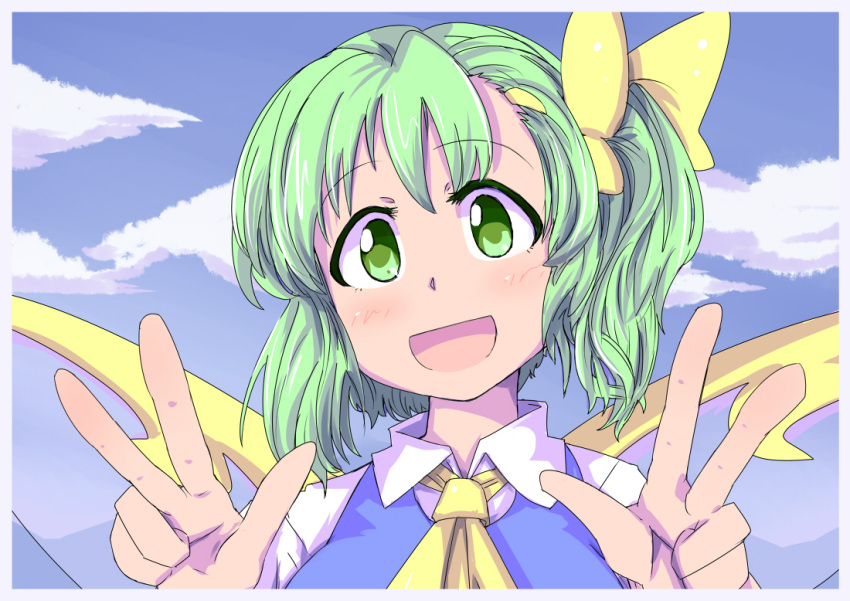 1girl, ascot, blue_sky, blush, bow, clouds, cloudy_sky, daiyousei