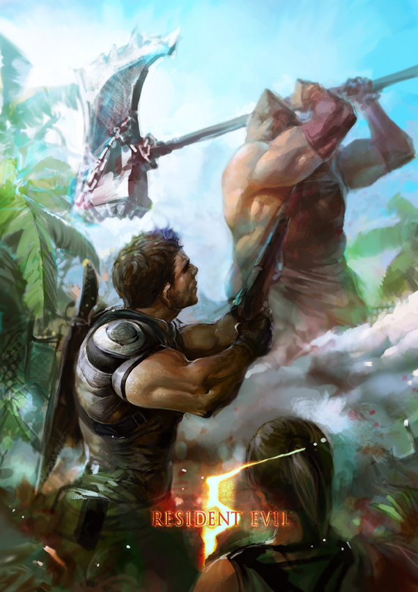 1boy, 1girl, axe, blue_eyes, brown_hair, chris_redfield, facial_hair, gloves