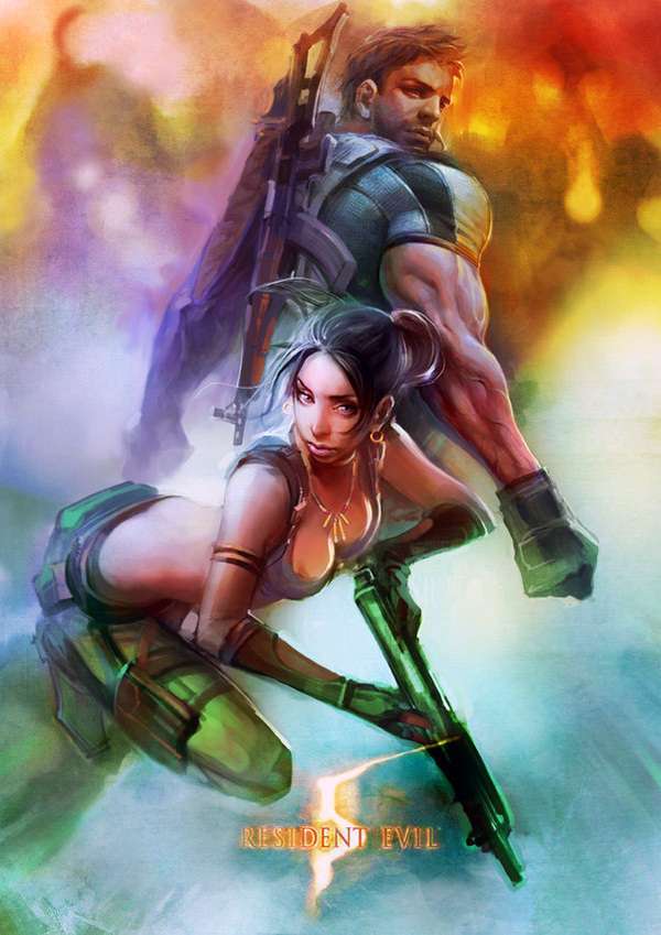 1boy, 1girl, blue_eyes, breasts, brown_eyes, brown_hair, chris_redfield, cleavage