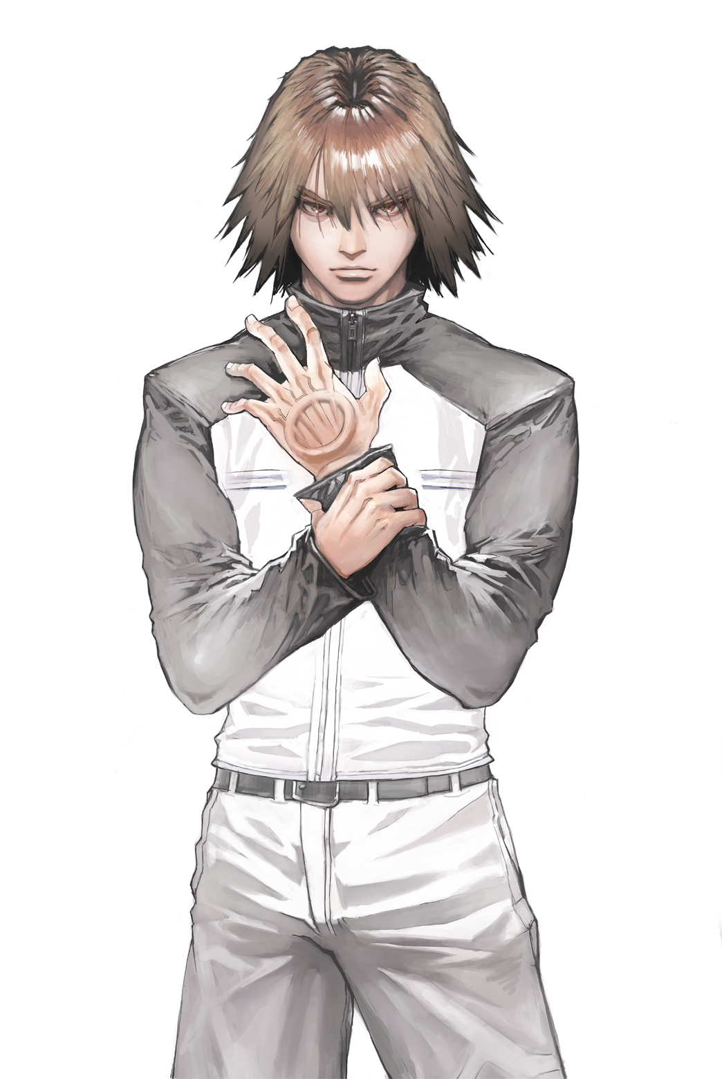 1boy, belt, brown_eyes, brown_hair, highres, holding_hand, kanzaki_jin, solo