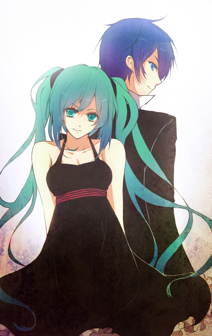 1boy, 1girl, aqua_eyes, aqua_hair, back-to-back, blue_eyes, blue_hair, dress