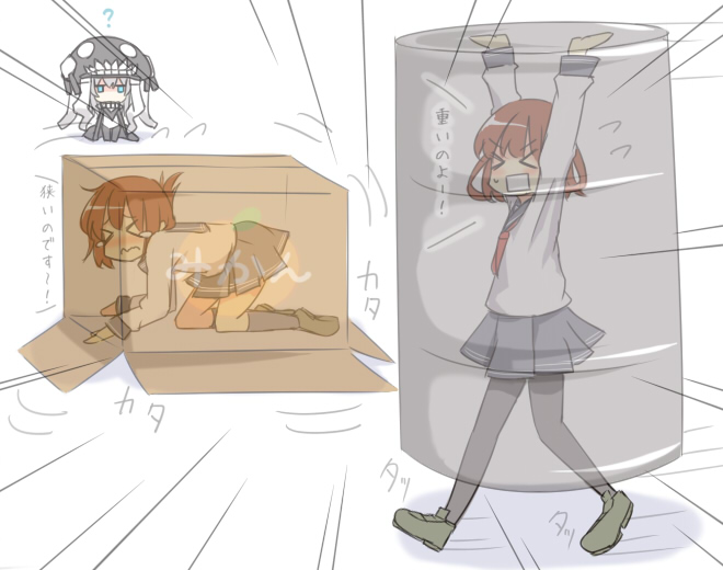 >_<, 3girls, ?, box, brown_hair, canister, cardboard_box, drum_(container)