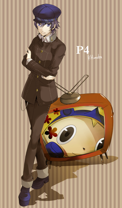 androgynous, blue_eyes, blue_hair, cabbie_hat, hat, himuka_roko, kuma_(persona_4), persona