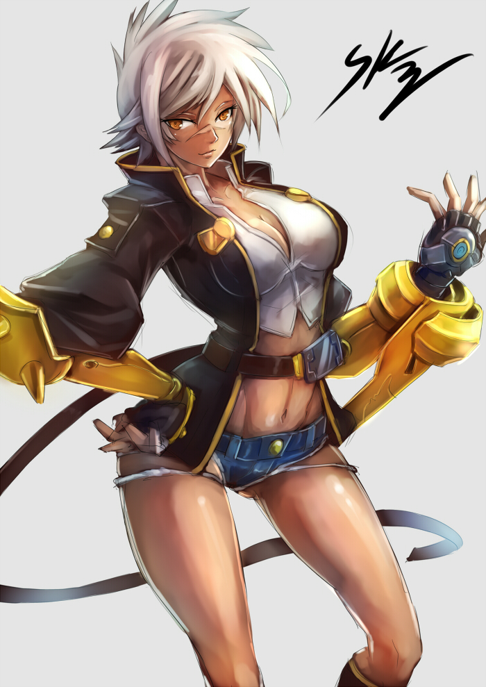 1girl, belt, belt_buckle, blazblue, bracer, breasts, bullet_(blazblue), cleavage