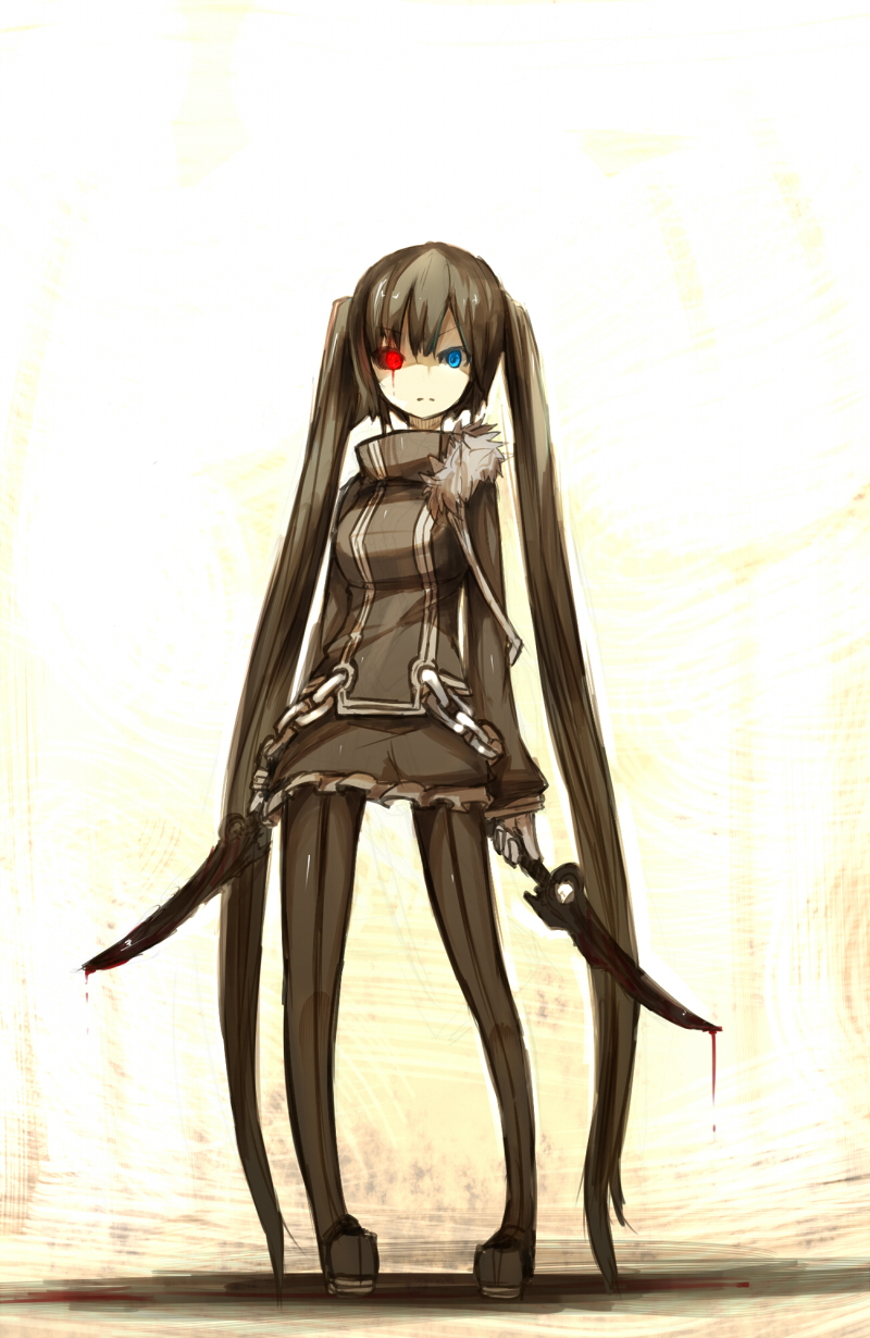 blood, blue_eyes, chain, dual_wield, dual_wielding, gloves, glowing, glowing_eyes