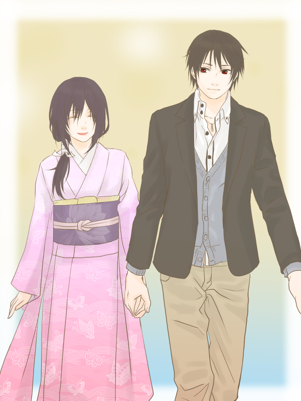 1boy, 1girl, black_hair, caelus17, fushimi_touka, holding_hands, inari_konkon_koi_iroha., japanese_clothes