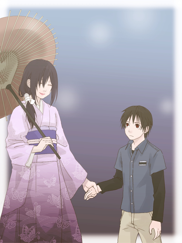 1boy, 1girl, black_hair, caelus17, closed_eyes, fushimi_touka, holding_hands, inari_konkon_koi_iroha.