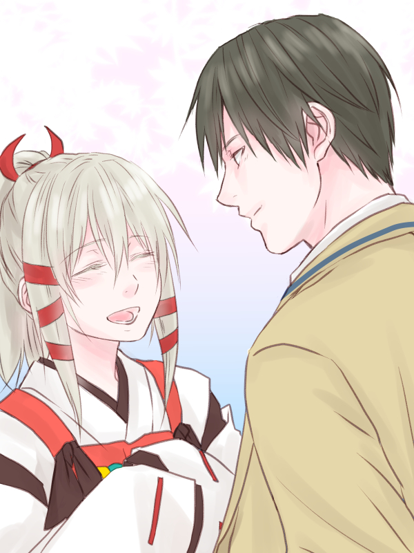 1boy, 1girl, black_hair, blonde_hair, caelus17, detached_sleeves, fushimi_touka, hair_ribbon