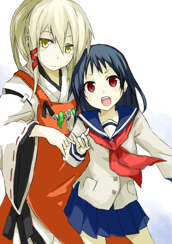 2girls, black_hair, blonde_hair, fox_shadow_puppet, fushimi_inari, hair_ribbon, inari_konkon_koi_iroha., japanese_clothes