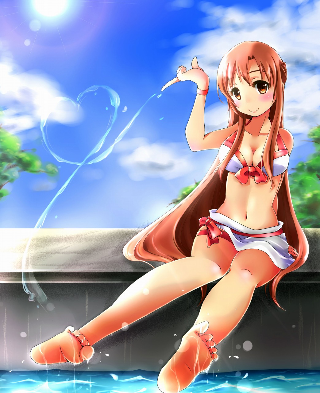 1girl, asuna_(sao), barefoot, bikini, brown_eyes, brown_hair, heart, highres, long_hair, meroko, sarong, swimsuit, sword_art_online, thigh-highs, water, yuuki_asuna