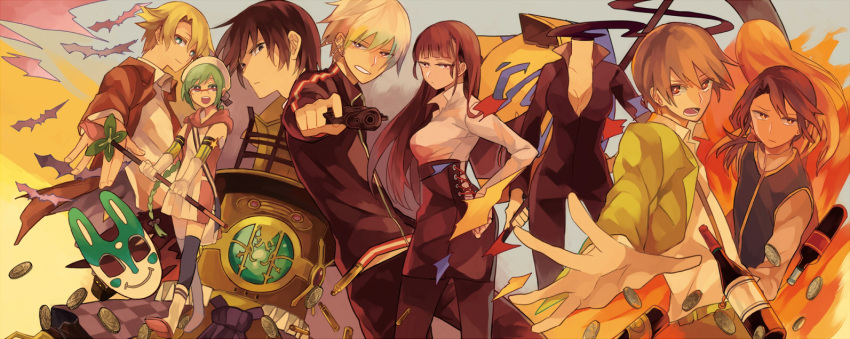 6+boys, 6+girls, animal_helmet, baccano!, bat, black_hair, blonde_hair, bodysuit
