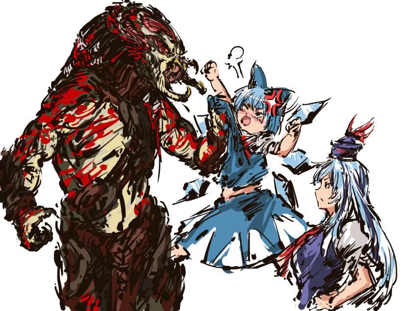 2girls, anger_vein, blue_hair, bow, cirno, collar_grab, crossover, hair_bow