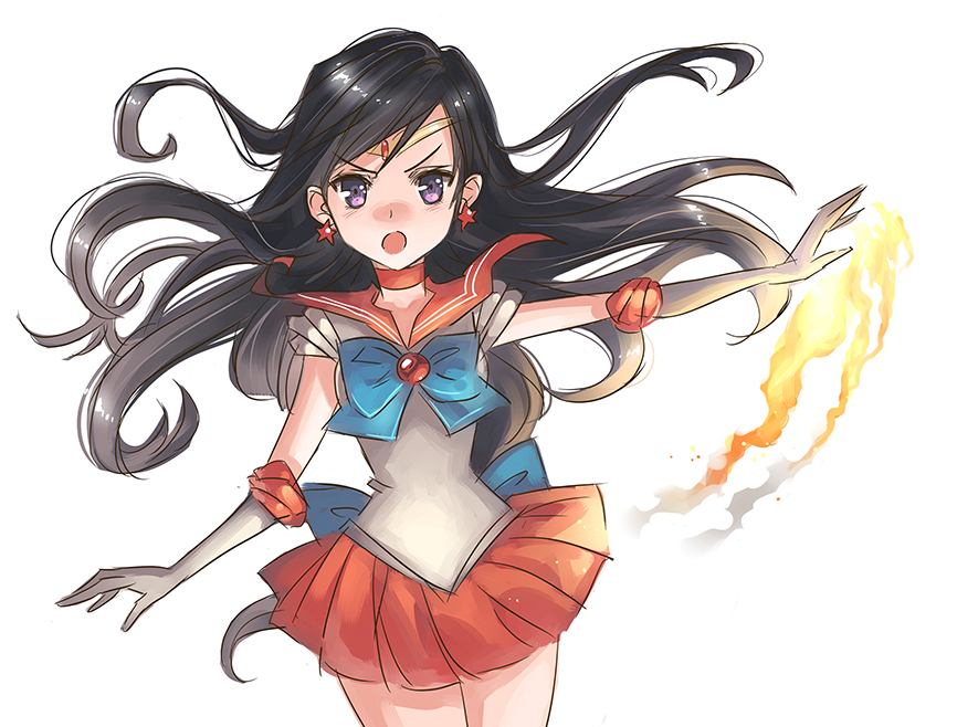 1girl, :o, bishoujo_senshi_sailor_moon, black_hair, bow, choker, earrings, elbow_gloves, fire, gloves, hino_rei, jewelry, kate_(sucharek), long_hair, magical_girl, pleated_skirt, pyrokinesis, red_skirt, ribbon, sailor_collar, sailor_mars, skirt, solo, violet_eyes, white_background, white_gloves