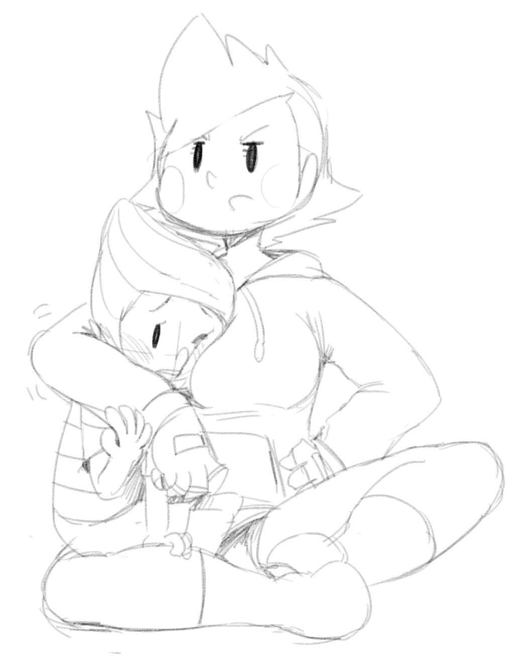 1boy, 1girl, breast_smother, highres, hoodie, kumatora, lucas, mother_(game), mother_3, sitting, sitting_on_lap, sitting_on_person, sketch, sunibee