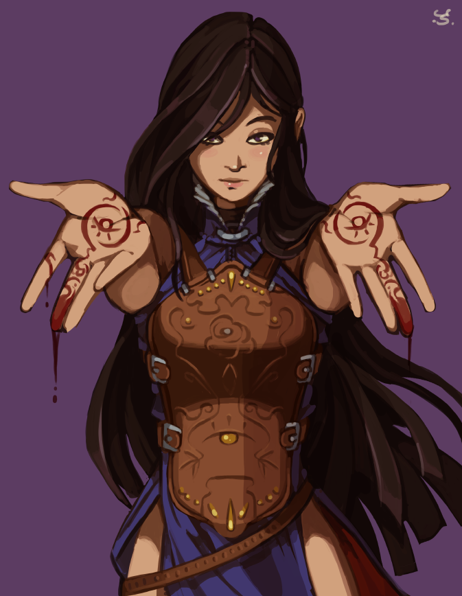 1girl, armor, bangs, black_hair, blood, bodypaint, breastplate, castlevania, castlevania:_order_of_ecclesia, joakim_sandberg, long_hair, looking_at_viewer, outstretched_arms, parted_bangs, shanoa, solo, very_long_hair