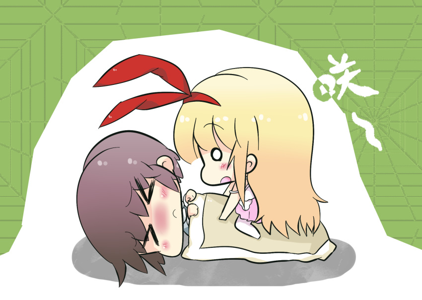 >_<, 2girls, amae_koromo, blonde_hair, brown_hair, chibi, highres, long_hair