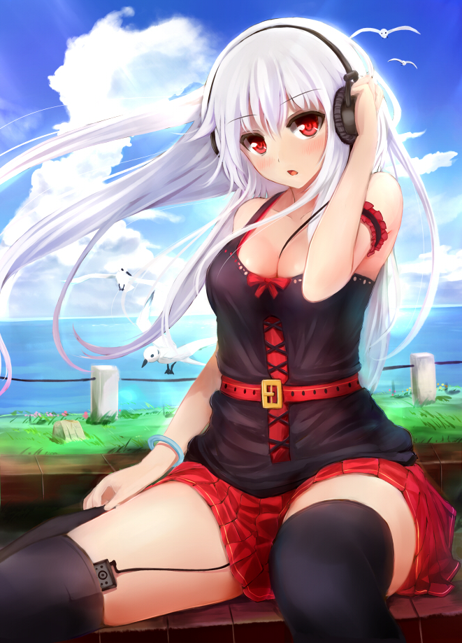 1girl, between_breasts, black_legwear, blue_sky, breasts, cleavage, clouds, digital_media_player