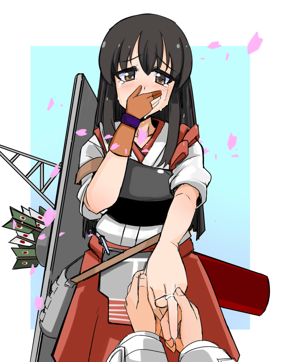 1boy, 1girl, admiral_(kantai_collection), akagi_(kantai_collection), arrow, brown_eyes, brown_hair, cherry_blossoms
