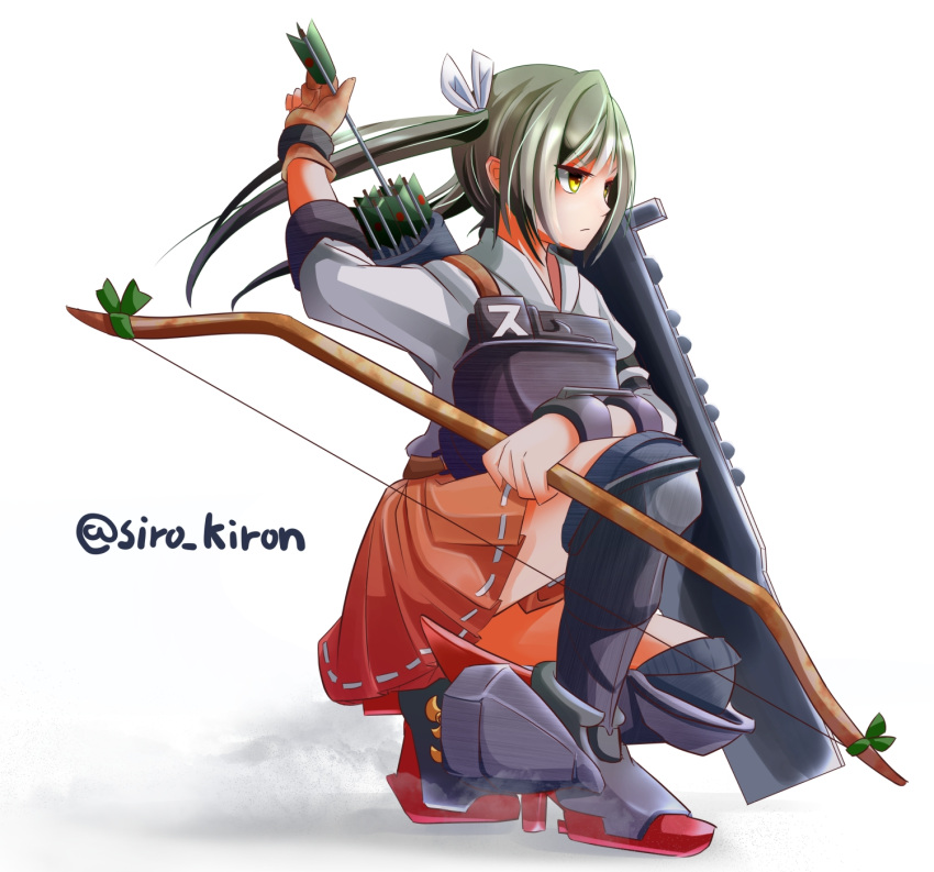 1girl, archery, black_hair, black_legwear, blush, boots, bow_(weapon), grey_hair