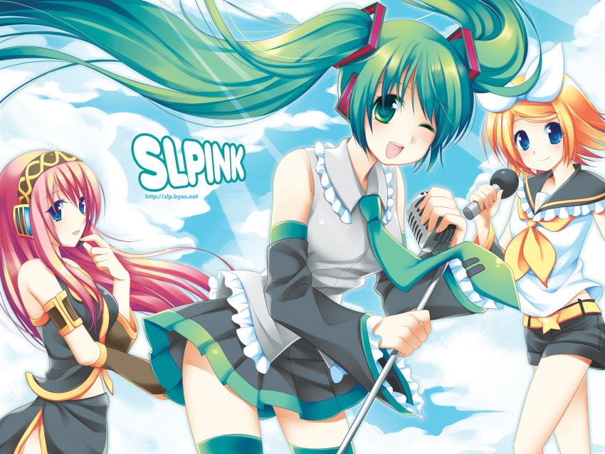 aqua_eyes, aqua_hair, blonde_hair, blue_eyes, detached_sleeves, green_eyes, green_hair, hair_ribbon
