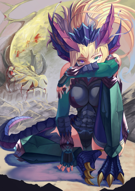 1girl, blonde_hair, blood, blue_dragon_caller_sonia, chari, dragon, dragon_girl, dragon_tail, green_eyes, headdress, heterochromia, puzzle_&amp;_dragons, tail, violet_eyes