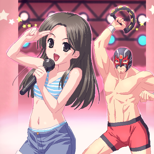 haruka_(ryu_ga_gotoku), karaoke, kiryu_kazuma, kiryuu_kazuma, lowres, mask, microphone, ryu_ga_gotoku