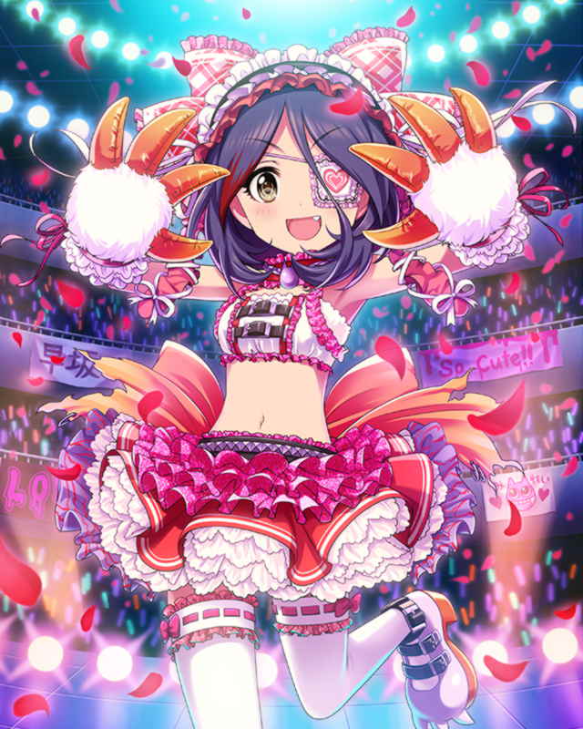 >:d, 1girl, :d, artist_request, eyepatch, fang, flower, garters