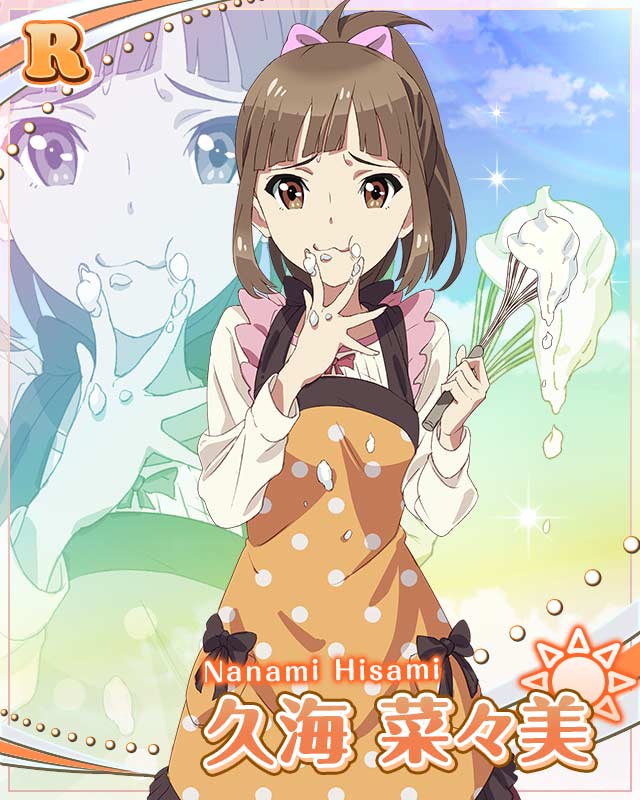 1girl, apron, blush, brown_hair, character_name, dough, dress, eating