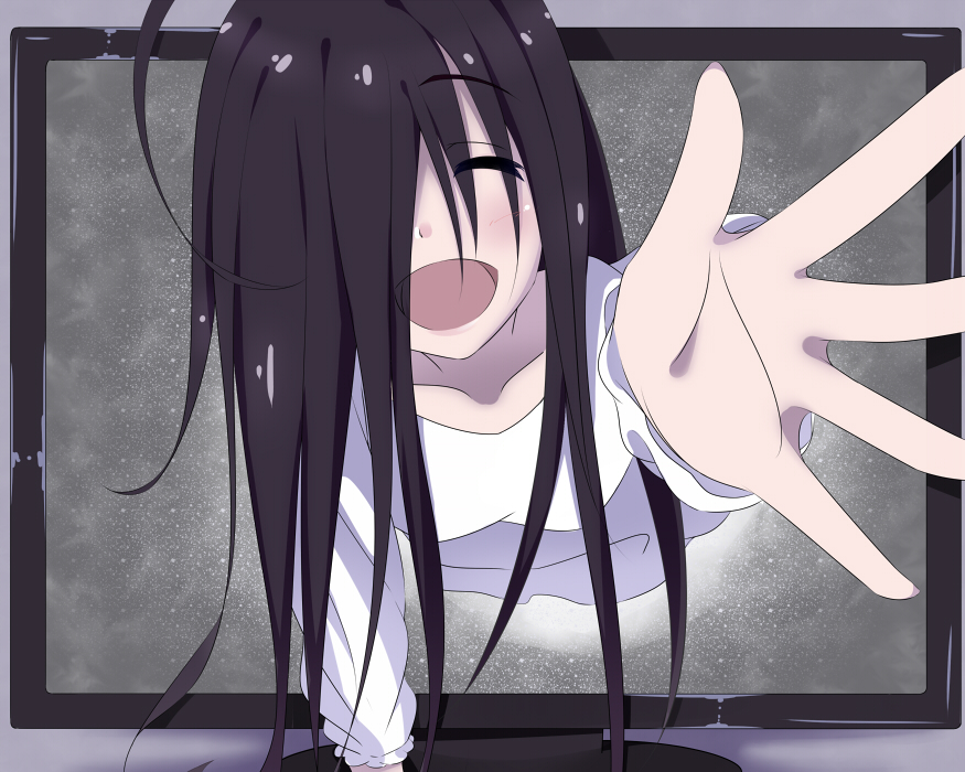 1girl, black_hair, blush, closed_eyes, hair_over_one_eye, hitotukinanoka, long_hair, outstretched_arm, solo, television, the_ring, through_screen, yamamura_sadako
