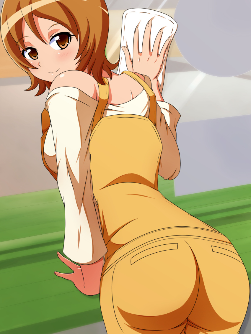 1girl, aokura_shou, ass, bare_shoulders, brown_eyes, brown_hair, casual, cleaning_windows