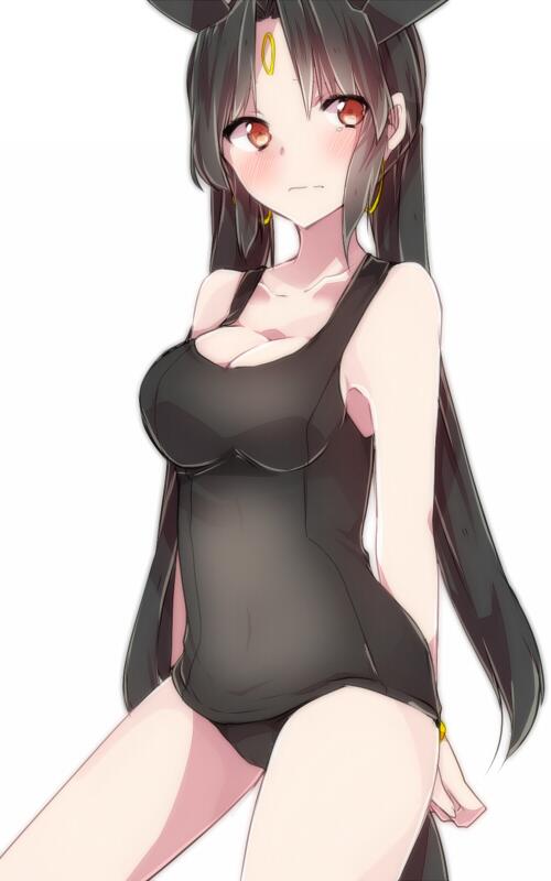 1girl, animal_ears, black_school_swimsuit, blush, breasts, earrings, facial_mark, forehead_mark, heart, hoop_earrings, jewelry, long_hair, personification, pokemon, red_eyes, school_swimsuit, solo, swimsuit, takeshima_(nia), umbreon, very_long_hair, white_background
