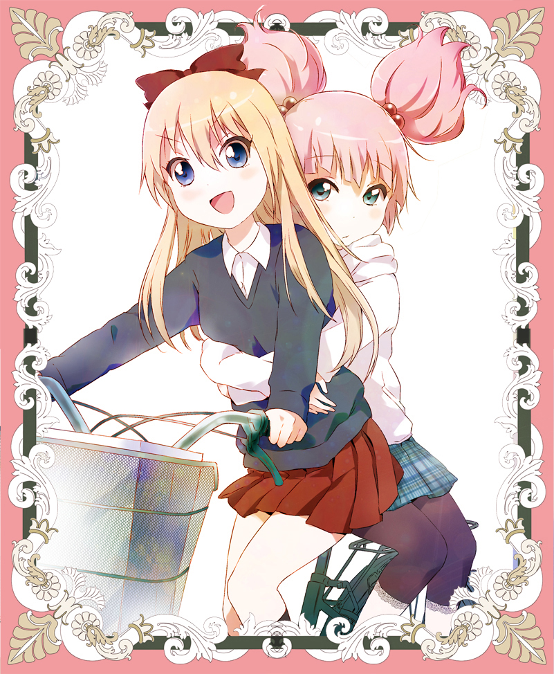 2girls, baka_neko, bicycle, black_legwear, blonde_hair, blue_eyes, bow, green_eyes