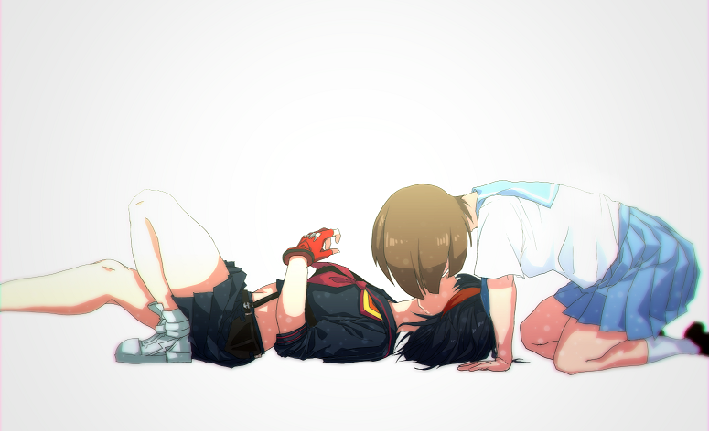 2girls, black_hair, brown_hair, kabashima, kill_la_kill, kiss, lying, mankanshoku_mako, matoi_ryuuko, midriff, multiple_girls, school_uniform, senketsu, serafuku, short_hair, skirt, upside-down_kiss, yuri