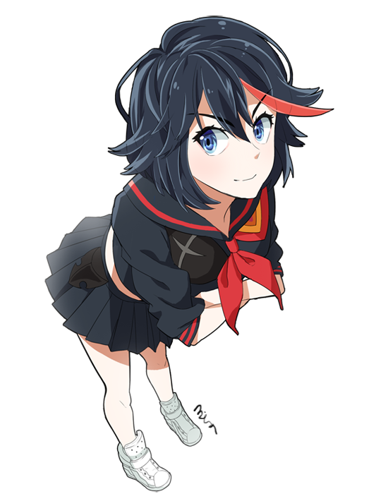 1girl, black_hair, blue_eyes, crossed_arms, kill_la_kill, matoi_ryuuko, min_(bellta), multicolored_hair, perspective, school_uniform, senketsu, serafuku, shoes, short_hair, skirt, smile, sneakers, solo, streaked_hair, white_background