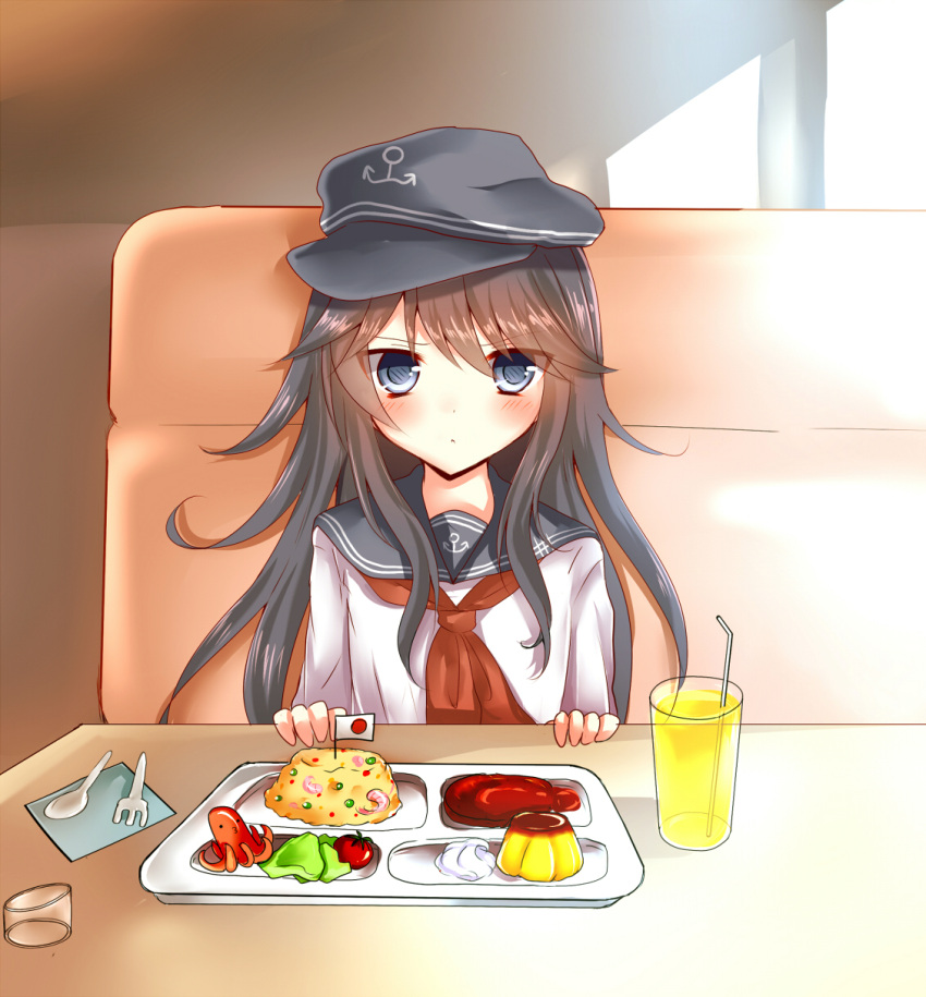 1girl, akatsuki_(kantai_collection), akausagi, black_hair, blue_eyes, bust, cup, flag