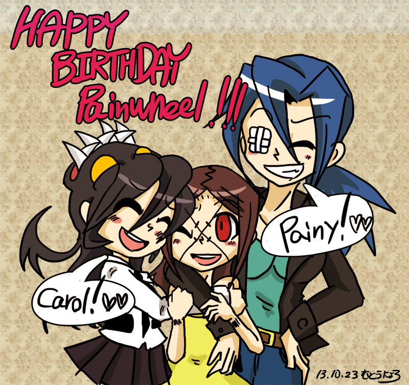 2013, 3girls, belt, black_hair, blue_hair, blush, blush_stickers, brown_hair