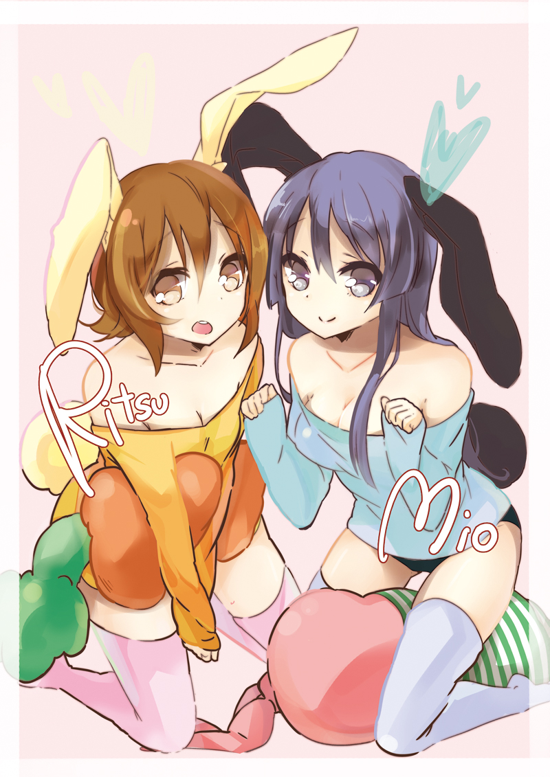 akiyama_mio, animal_ears, black_eyes, black_hair, brown_eyes, brown_hair, haruna_mahiru, hirasawa_yui
