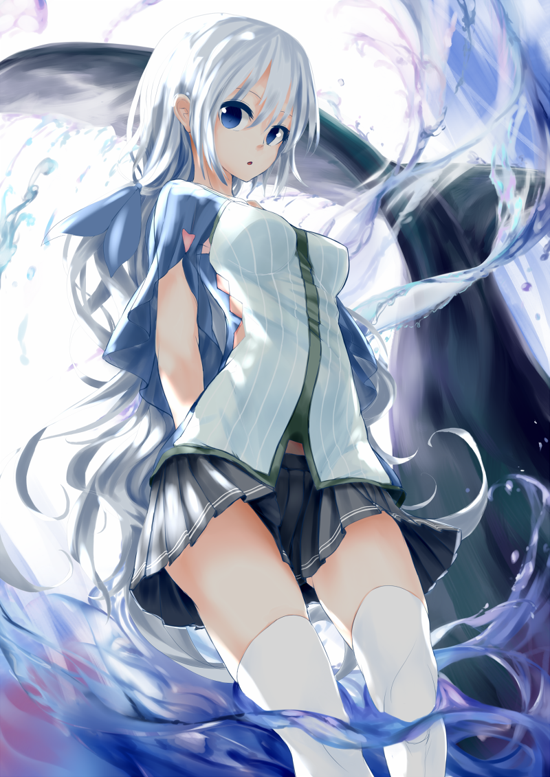 1girl, arms_behind_back, blue_eyes, breasts, capelet, fish, hair_ribbon, kachayori, long_hair, looking_at_viewer, open_mouth, original, ribbon, silver_hair, skirt, solo, thigh-highs, white_legwear