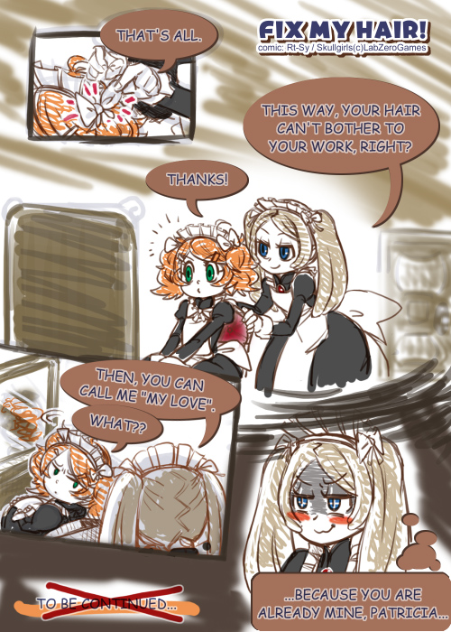 2girls, alternate_hair_length, alternate_hairstyle, bloody_marie_(skullgirls), bow, comic, english, engrish