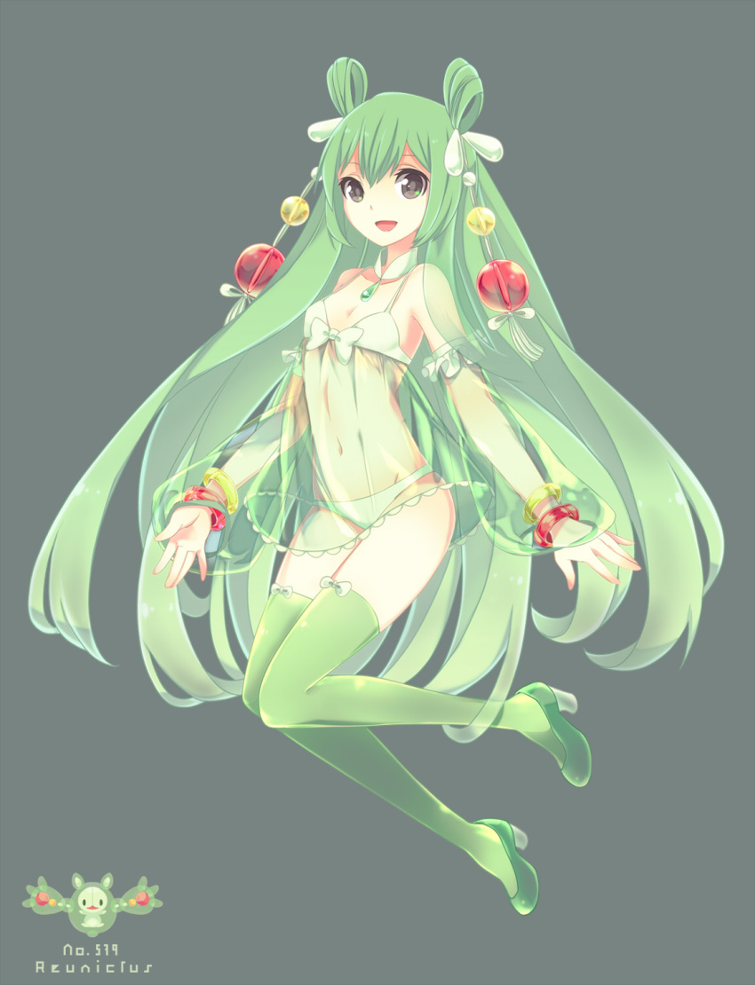 1girl, bow, bracelet, character_name, chibi, green_hair, grey_eyes, hair_ornament