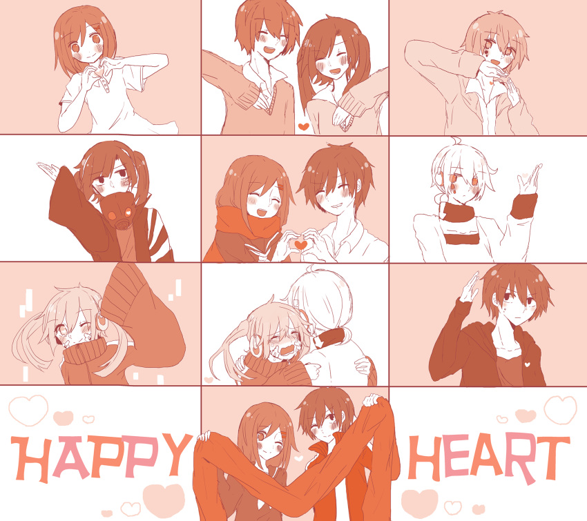 absurdres, blush, closed_eyes, ene_(kagerou_project), enomoto_takane, hair_ornament, hairclip, headphones, heart, heart_hands, heart_hands_duo, heart_trace, highres, hug, kagerou_project, kisaragi_shintarou, konoha_(kagerou_project), long_hair, mochiko_(sunshine20), multiple_persona, scarf, school_uniform, serafuku, short_hair, smile, tateyama_ayano, tears, twintails