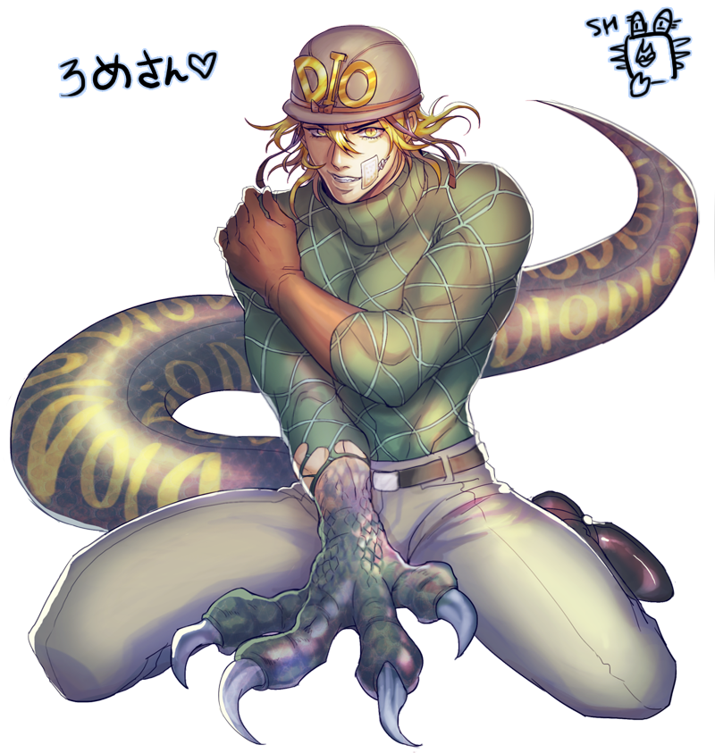 1boy, blonde_hair, claws, diego_brando, gloves, hahihu1782, hat, jojo_no_kimyou_na_bouken, kneeling, scary_monster_(stand), solo, stand_(jojo), steel_ball_run, tail, yellow_eyes