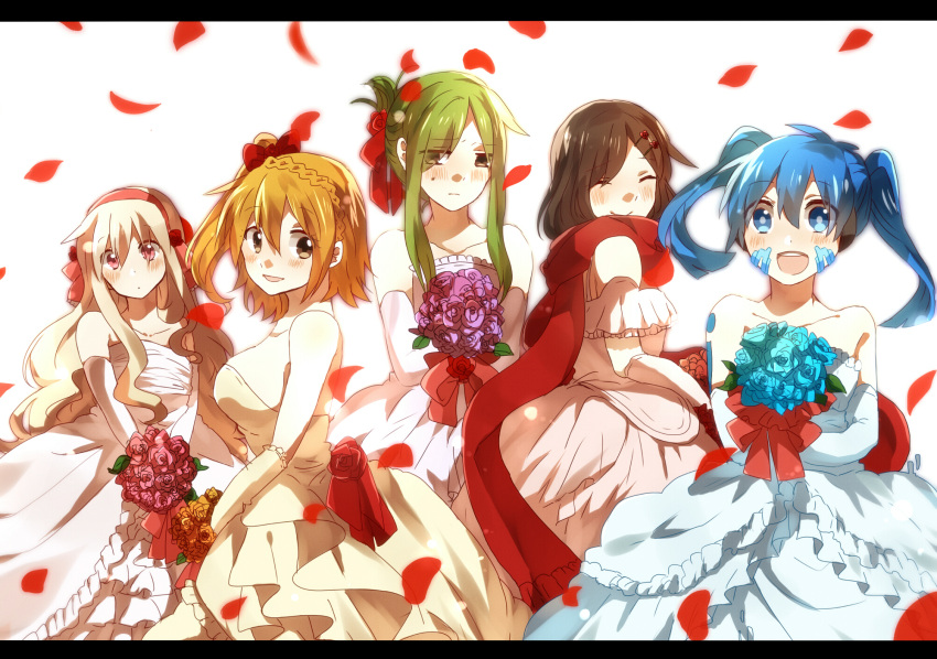 5girls, bare_shoulders, blonde_hair, blue_eyes, blue_hair, blush, bouquet, bride, brown_eyes, brown_hair, closed_eyes, dress, elbow_gloves, ene_(kagerou_project), flower, gloves, green_hair, hair_ornament, hairclip, highres, kagerou_project, kido_tsubomi, kisaragi_momo, kozakura_mary, long_hair, multiple_girls, petals, red_eyes, safaia, side_ponytail, smile, tateyama_ayano, twintails, wedding_dress